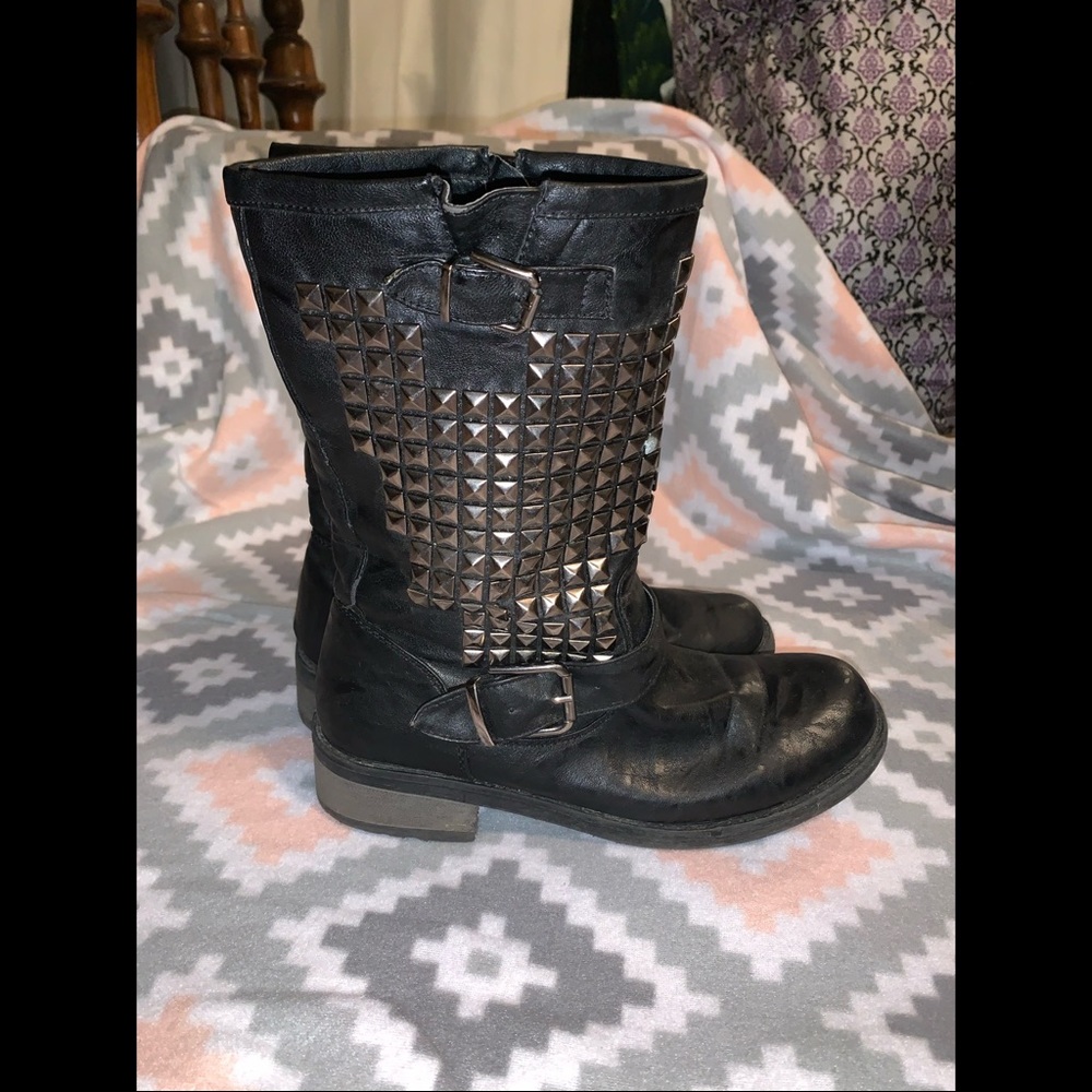 Mid calf Studded Black Faux Leather Boots